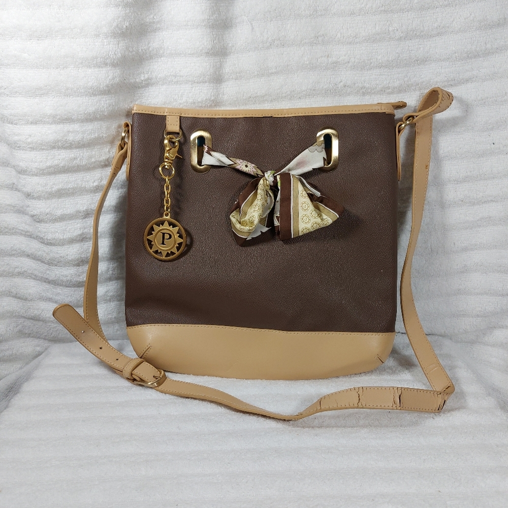 Parazul Crossbody Purse Silk Scarf Brown Tan Gold Charm Logo Bag Adjustable READ